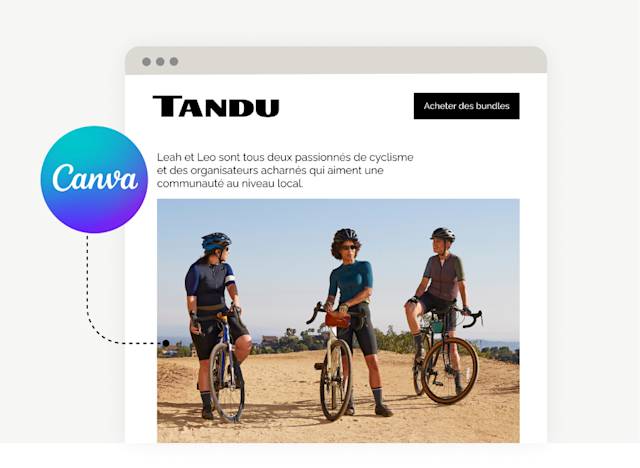 Mise en page d'une page web montrant des cyclistes et la marque « Tandu ».