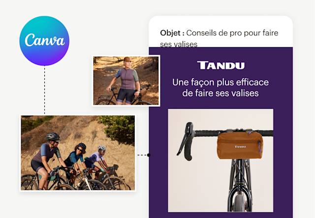 Maquette d'e-mail montrant des cyclistes et une sacoche de rangement sur un guidon de vélo, avec un logo Canva.